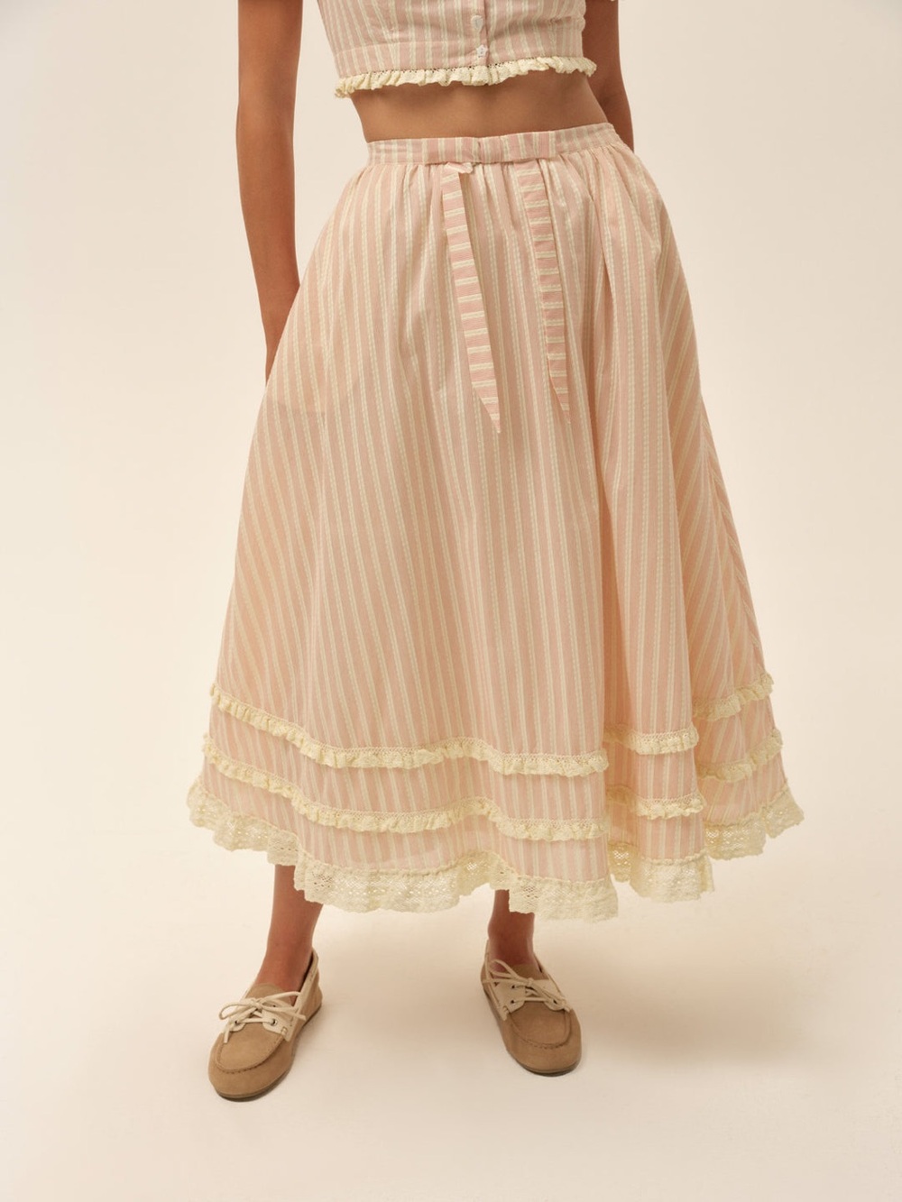 NWT For Love & Lemons Naomi Midi Skirt | XS | Peach & Cream Stripes | Lace Trim
